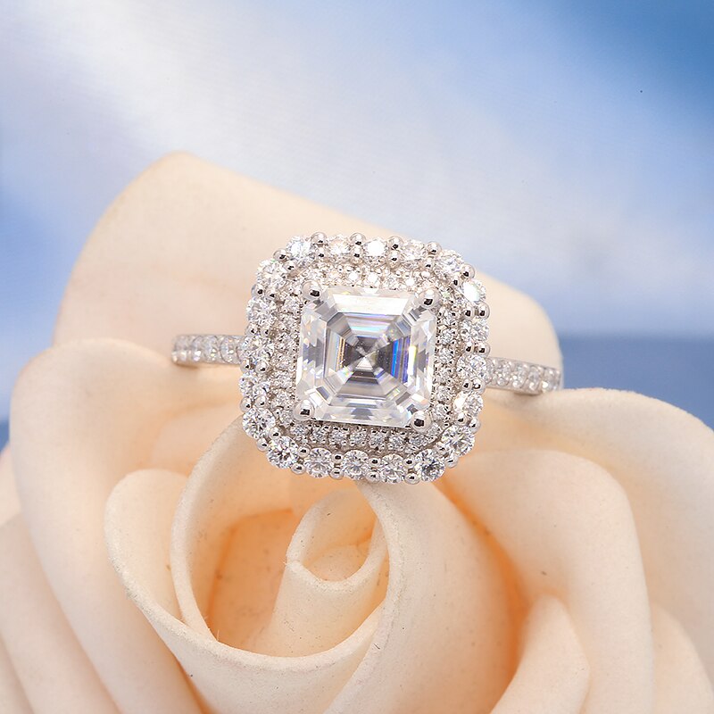 Double Halo Setting D Color 1CT 5.5mm Asscher Cut Moissanite Engagement Ring for Women Gift