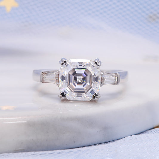 Asscher-Cut Moissanite Engagement Ring with Baguettes, 2 ct — view 2