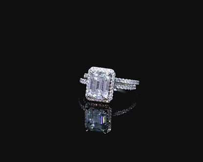 Emerald-Cut Moissanite Halo Engagement Ring Set, 3 ct