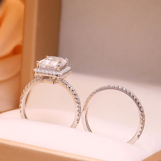 Emerald-Cut Moissanite Halo Engagement Ring Set, 3 ct — view 2