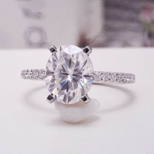 Oval Moissanite Halo Engagement Ring with Pavé Band, 3 ct — view 2