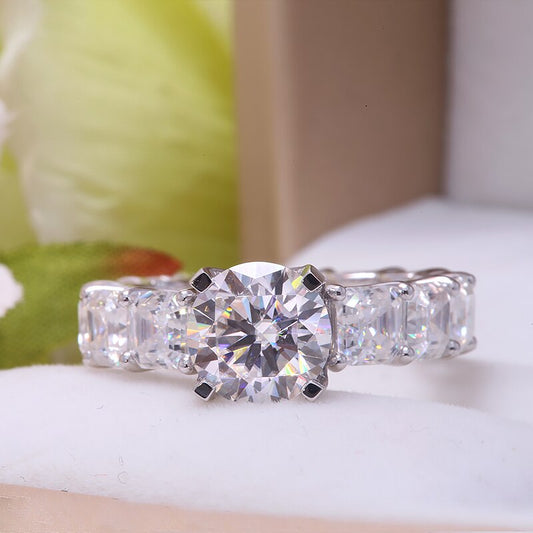 Round Moissanite Engagement Ring with Asscher Side Stones, 3 ct — view 2