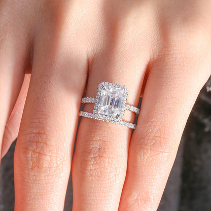Emerald-Cut Moissanite Halo Engagement Ring Set, 3 ct — view 5