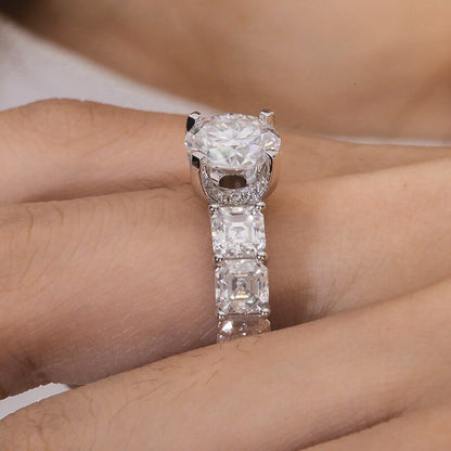 Round Moissanite Engagement Ring with Asscher Side Stones, 3 ct — view 6