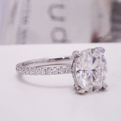 Oval Moissanite Halo Engagement Ring with Pavé Band, 3 ct — view 5