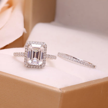 Emerald-Cut Moissanite Halo Engagement Ring Set, 3 ct — view 4