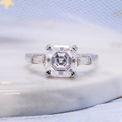 Asscher-Cut Moissanite Engagement Ring with Baguettes, 2 ct — view 2