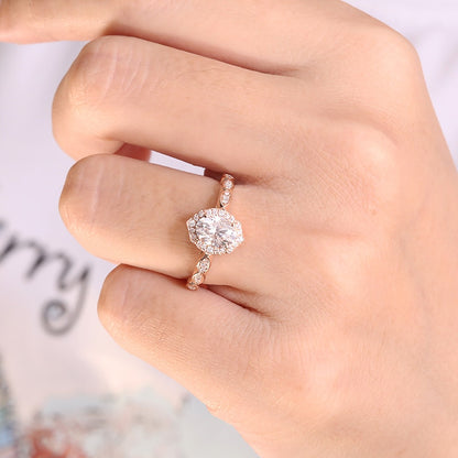 Oval Moissanite Halo Engagement Ring with Pavé Band, 1 ct — view 4