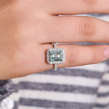 Green Emerald-Cut Moissanite Halo Engagement Ring, 3 ct — view 3