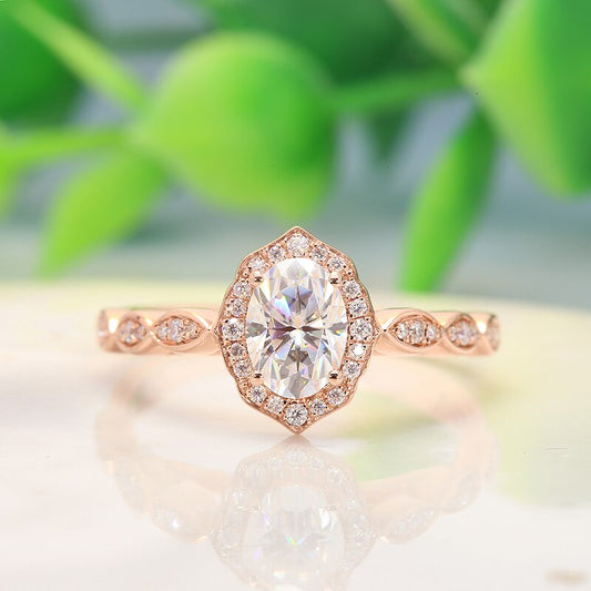 Oval Moissanite Halo Engagement Ring with Pavé Band, 1 ct — view 2