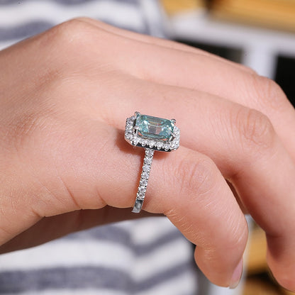 Green Emerald-Cut Moissanite Halo Engagement Ring, 3 ct — view 4